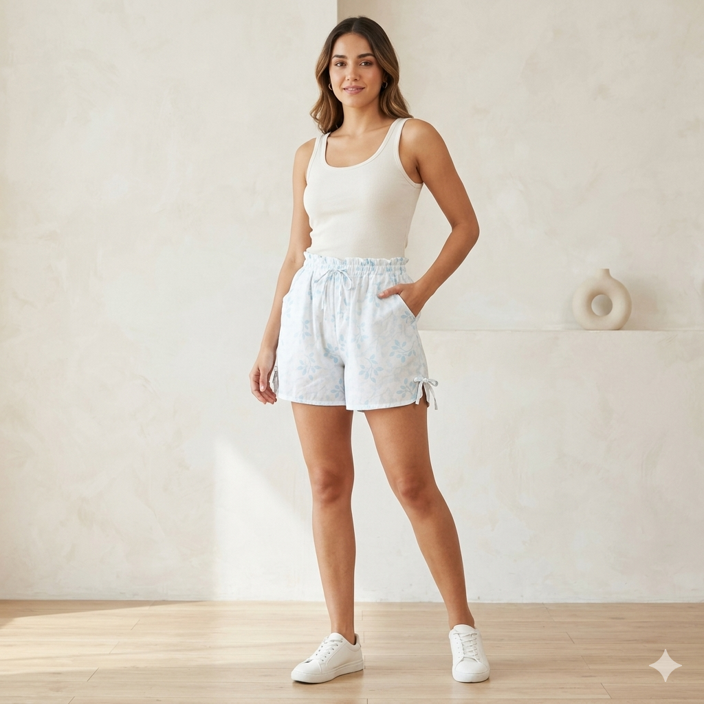 Blue Leaf Print Lounge Shorts with Side Bows
