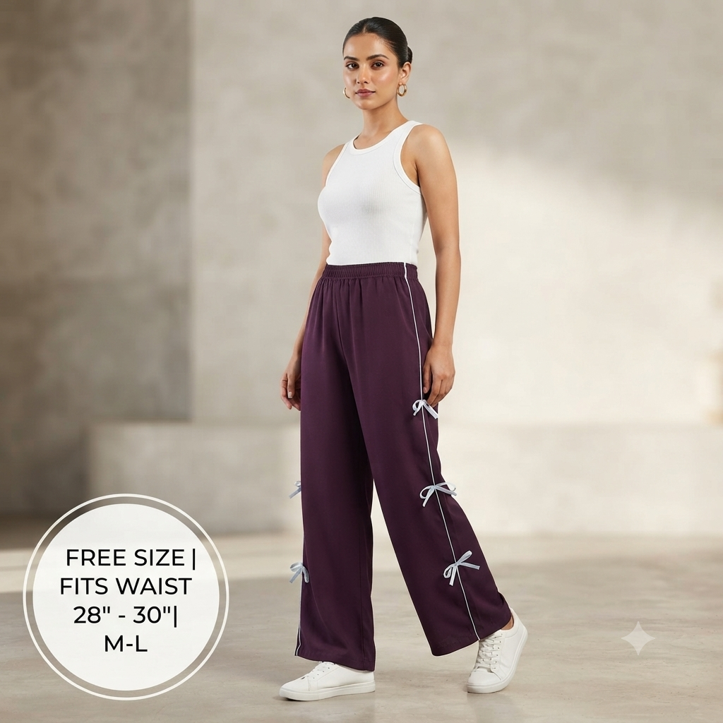 Trendy Bow Accent Wide-Leg Trousers for Women – Deep Wine
