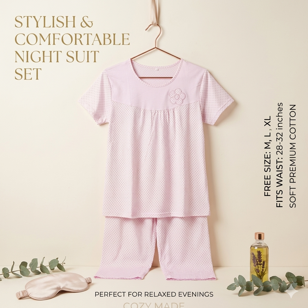 Soft Floral Accent Polka Print Loungewear Set for Women – Breathable Cotton Nightsuit