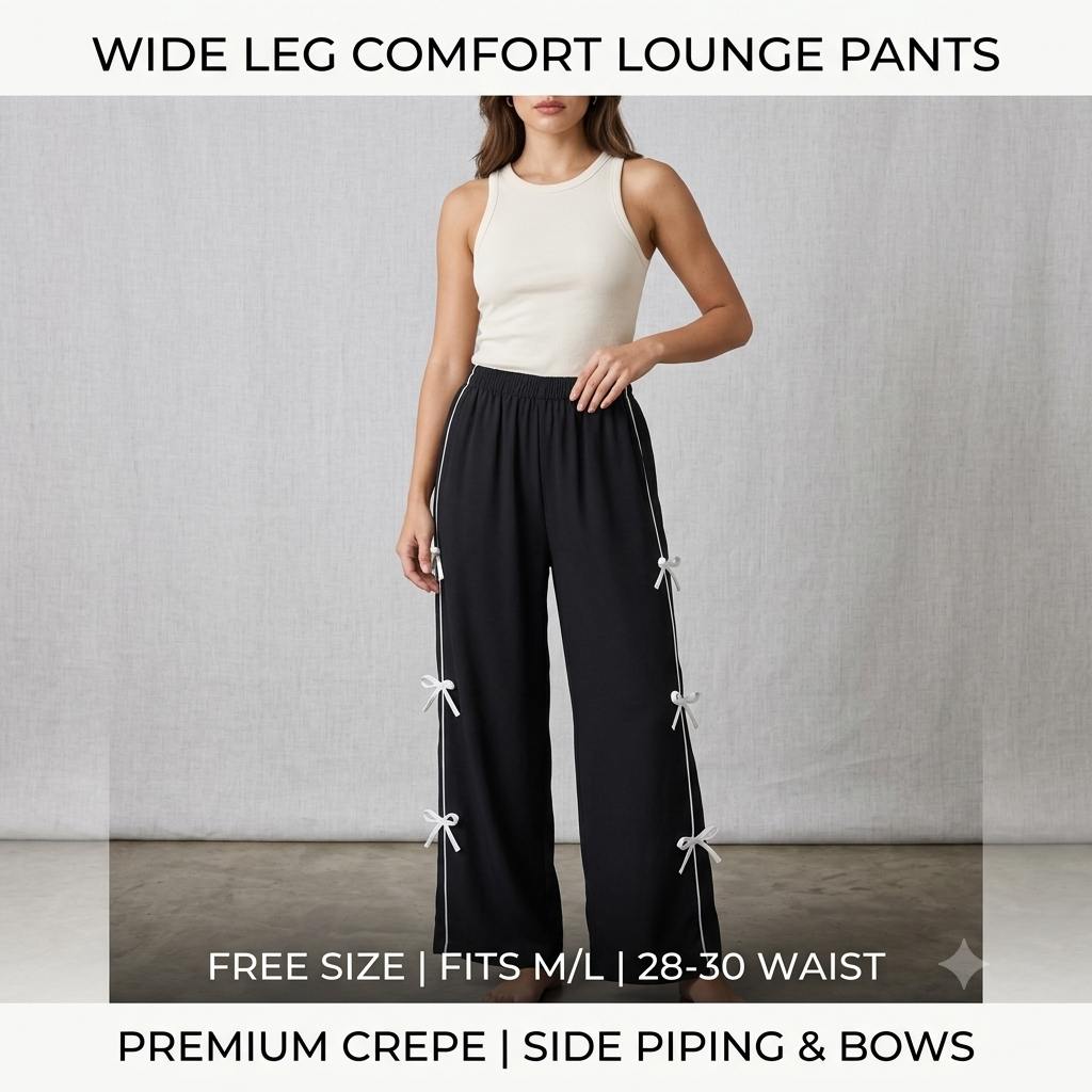 Stylish High-Waist Wide-Leg Lower for Women – Black with White Bow Accent