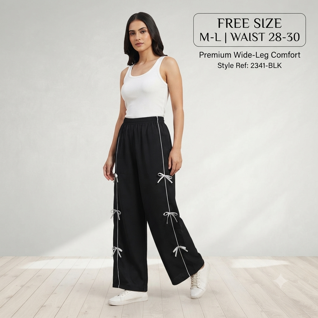 Stylish High-Waist Wide-Leg Lower for Women – Black with White Bow Accent