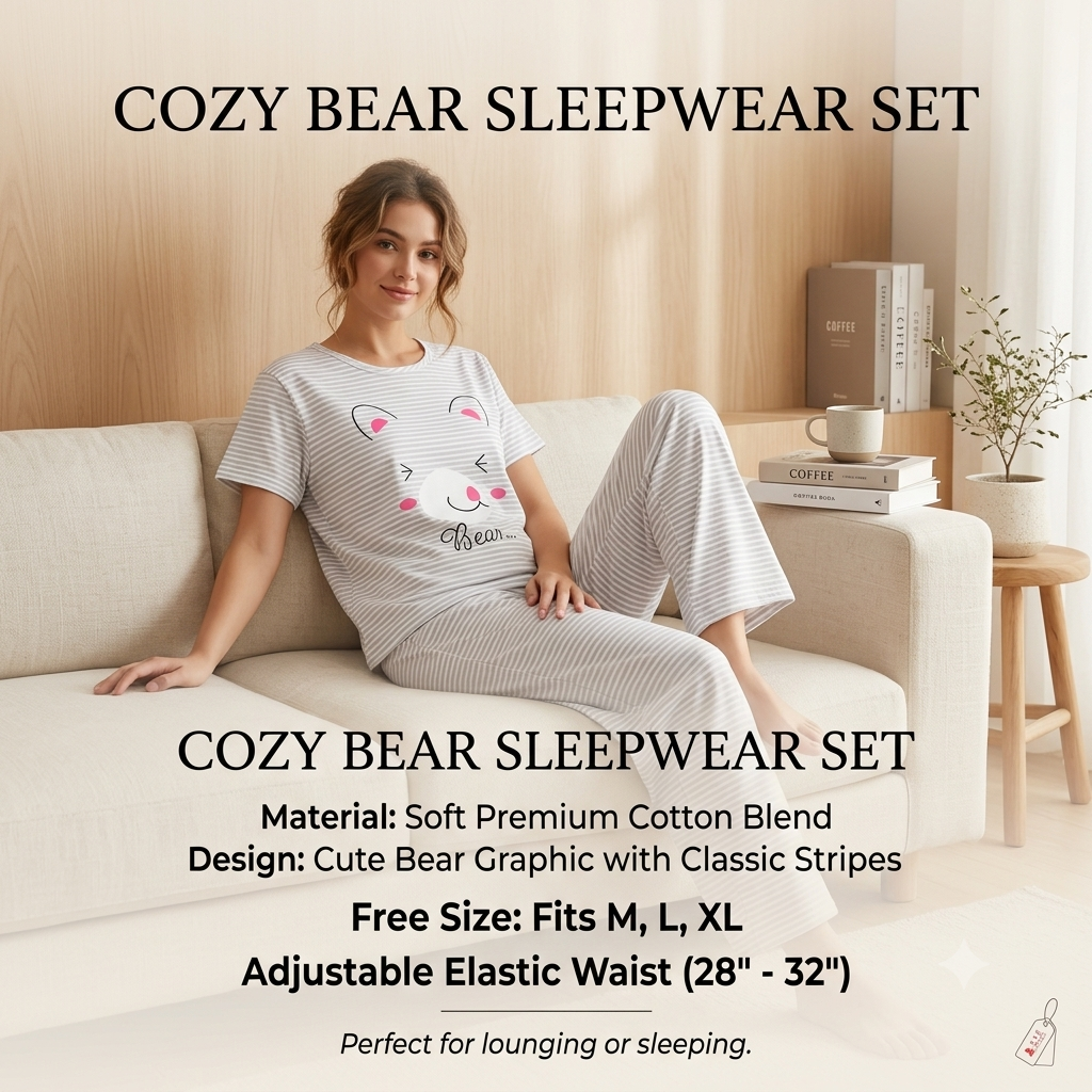 Women’s Cozy Bear Print Cotton-Blend Nightsuit | Soft Striped T-Shirt & Pyjama Lounge Set
