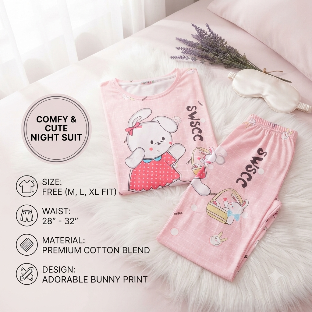 Women’s Cozy Bunny Print Cotton Nightsuit Set – Short Sleeve Top & Pajama Set