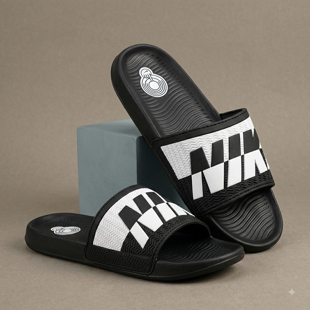 Men’s Black & White Bold Graphic Comfort Sliders – Stylish Casual Slip-On Sandals