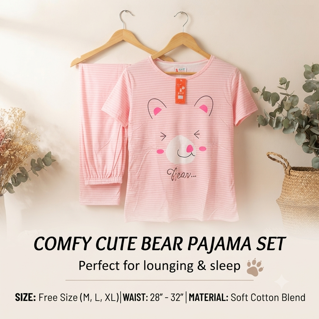 Women’s Soft Cotton Blend Cute Bear Striped Nightsuit Set – T-Shirt & Pyjama Lounge Wear