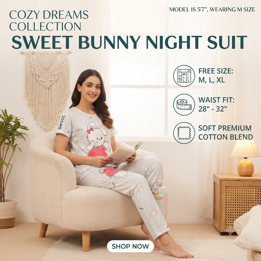 Ultra-Soft Cotton Blend Bunny Graphic Nightsuit for Women | Short Sleeve Top & Pajama Set
