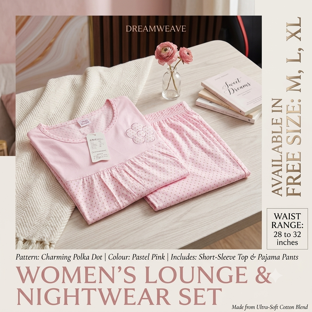 Women's Soft Cotton Polka Dot Nightsuit Set – Short Sleeve Top & Pajamas (Free Size)