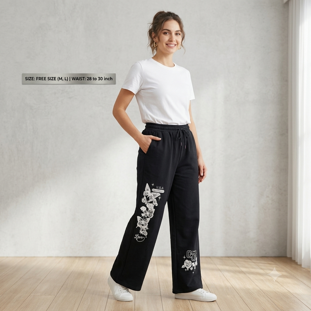 Women’s Black Loose Fit Graphic Printed Sweatpants | Stylish Elastic Waist Trousers