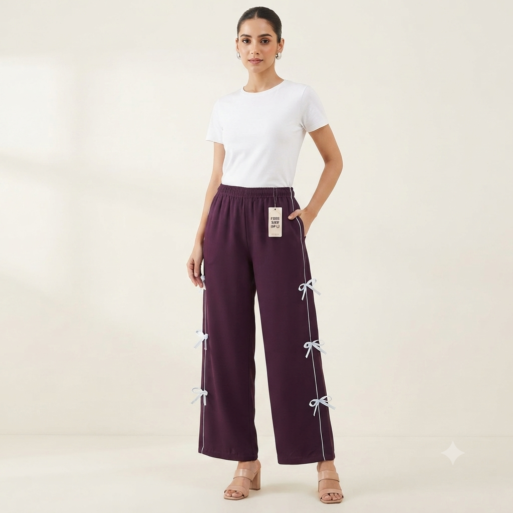 Trendy Bow Accent Wide-Leg Trousers for Women – Deep Wine