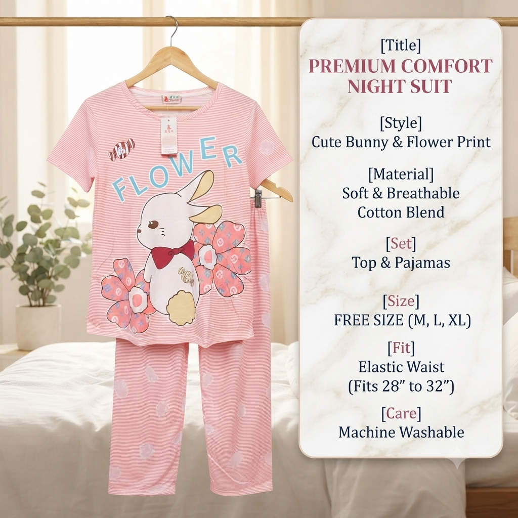Women's Pink Striped Cotton Blend Nightsuit Set – Cute Bunny & Flower Print Top with Pyjamas