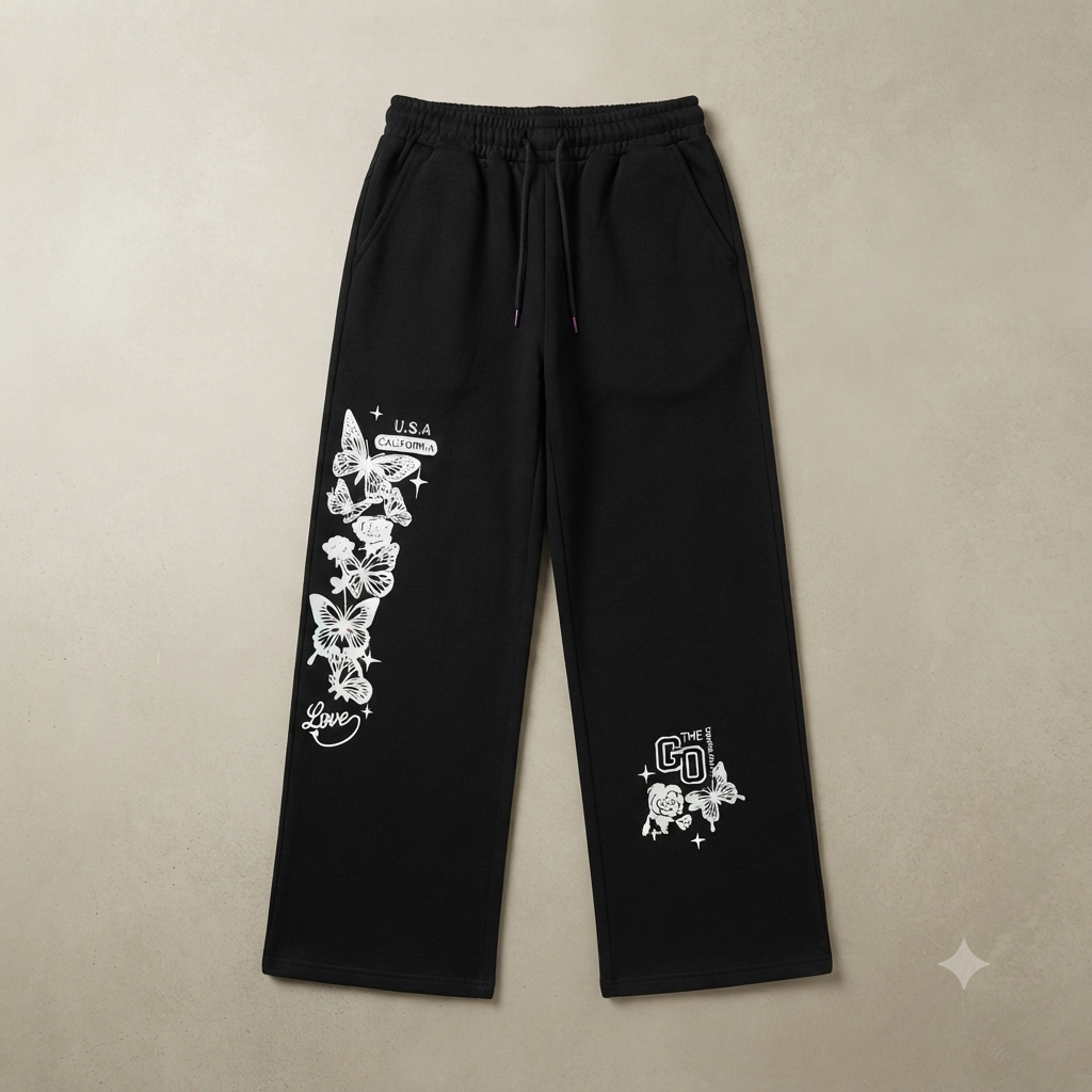 Women’s Black Loose Fit Graphic Printed Sweatpants | Stylish Elastic Waist Trousers