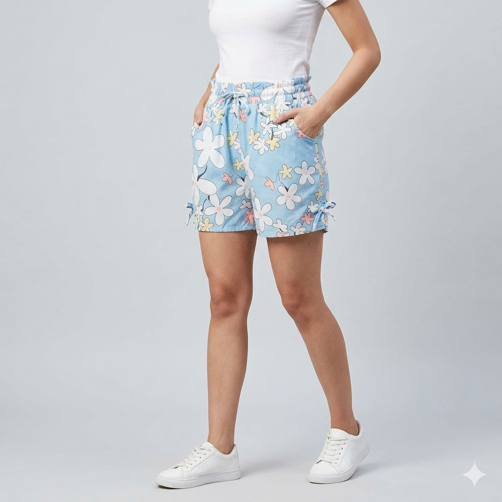 Casual Blue Floral Print High-Waisted Shorts with Tie Detail