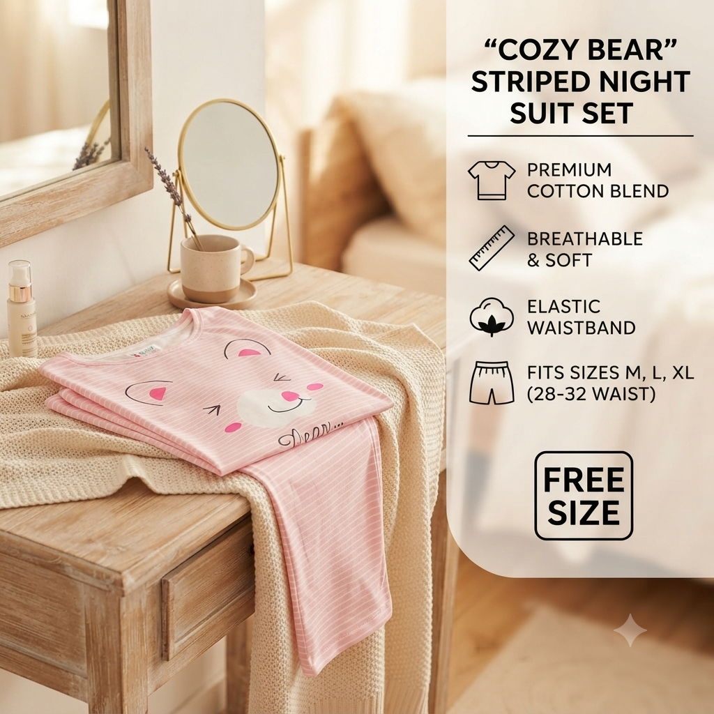 Women’s Soft Cotton Blend Cute Bear Striped Nightsuit Set – T-Shirt & Pyjama Lounge Wear