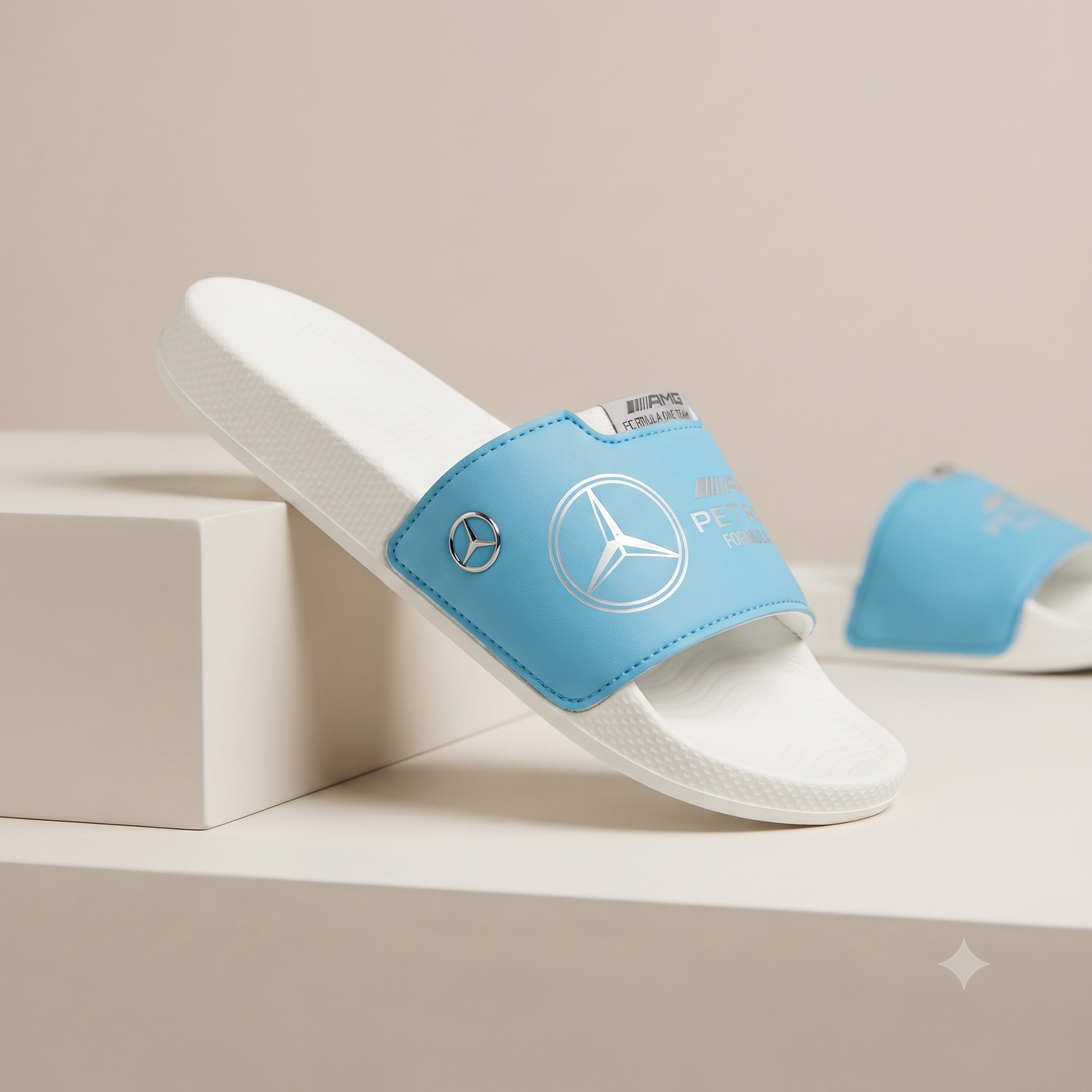 Premium F1 Motorsport Edition Comfort Sliders – White/Cyan