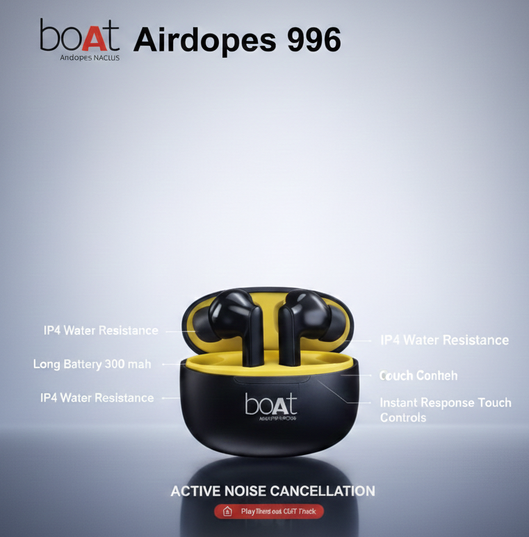 Airdopes 996 True Wireless Earbuds with Active Noise Cancellation & ENx™ Technology Premium TWS – Black & Yellow Edition