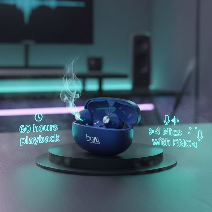 Airdopes Coolpods 70 | Active Noise Cancellation (ANC) | 60 Hours Playtime | 13mm Drivers & Quad Mics with ENx™ Technology | ASAP™ Fast Charge | Blue