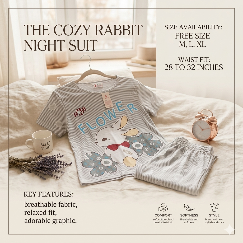 Women's Cute Bunny Print Cotton-Blend Nightwear Set – Round Neck T-Shirt & Pyjama Lounge Set