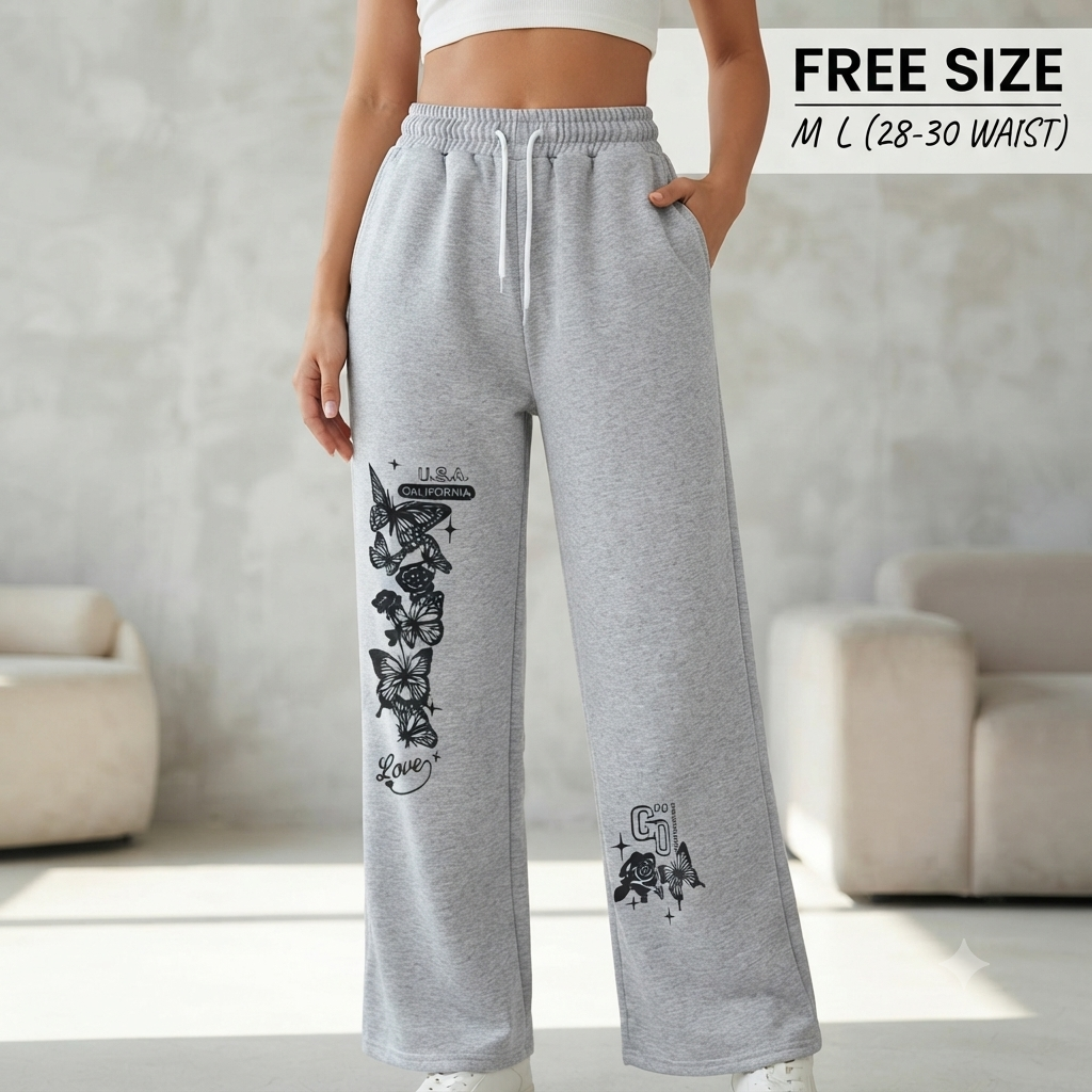 Women’s Wide Leg Butterfly Printed Grey Joggers | High-Waisted Fleece Lounge Pants