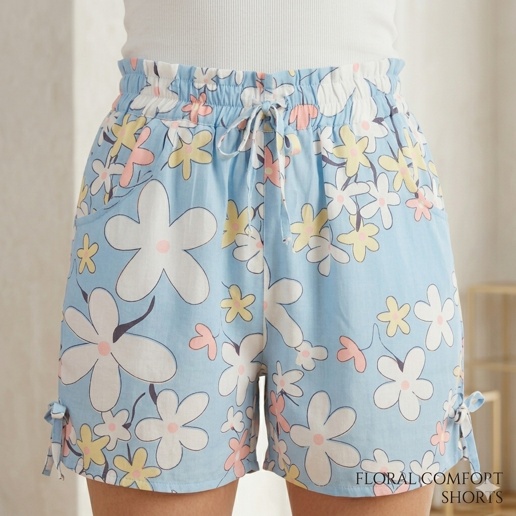 Casual Blue Floral Print High-Waisted Shorts with Tie Detail