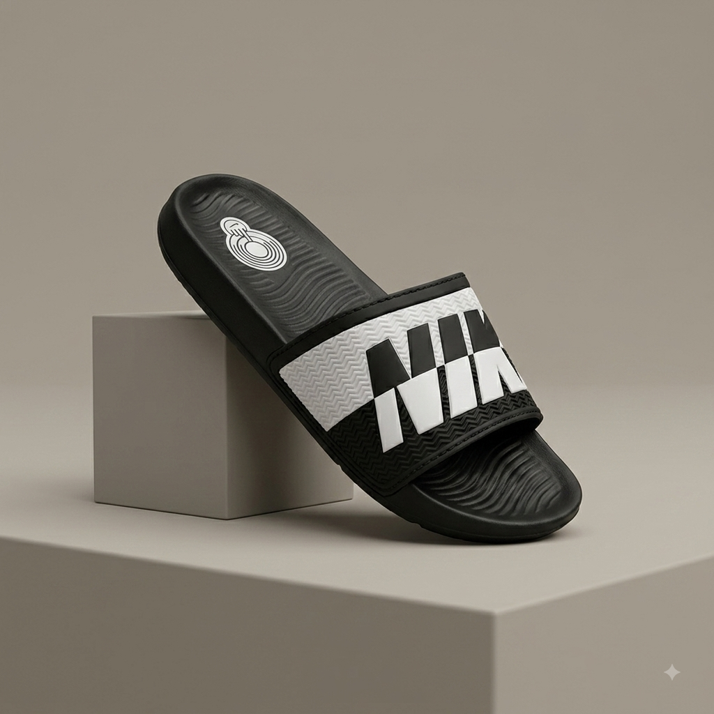 Men’s Black & White Bold Graphic Comfort Sliders – Stylish Casual Slip-On Sandals