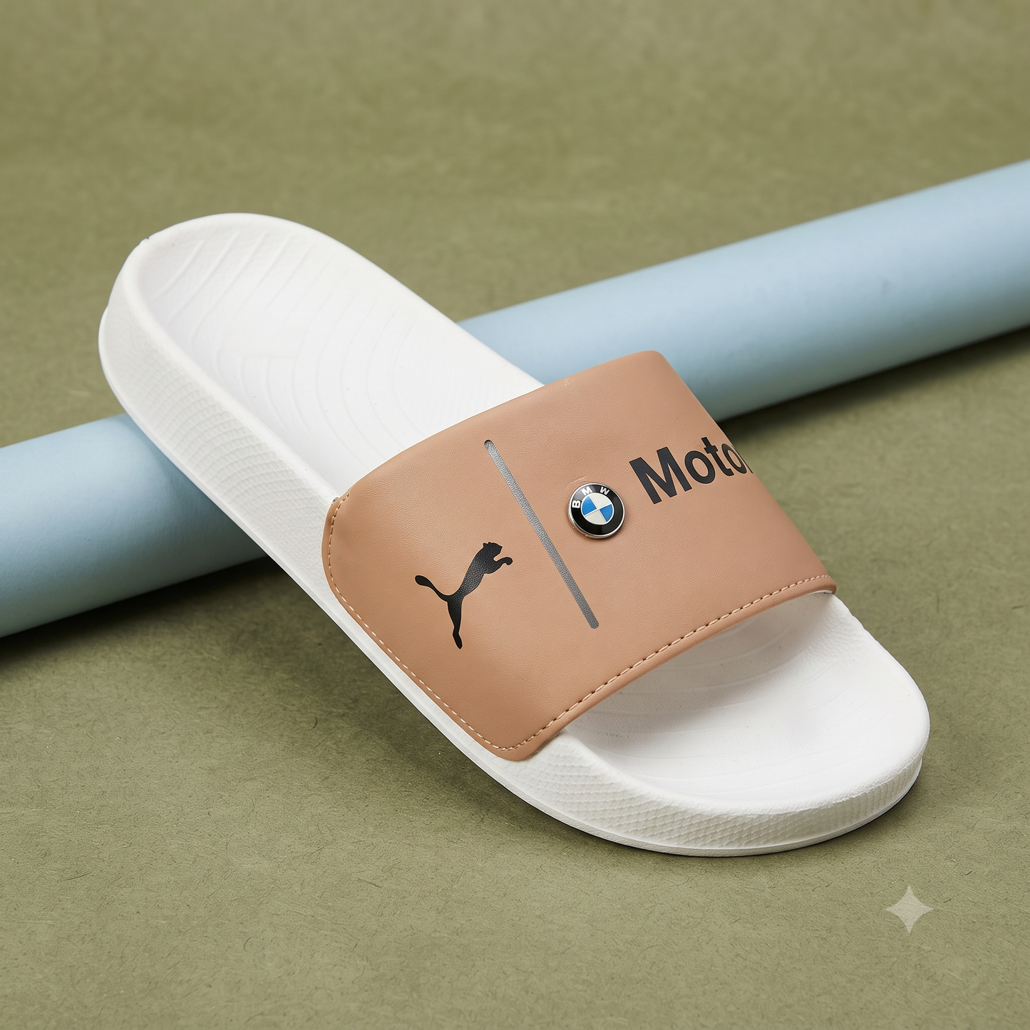 Premium White & Tan Motorsport-Inspired Casual Slides for Men | Stylish Everyday Slip-On Sandals