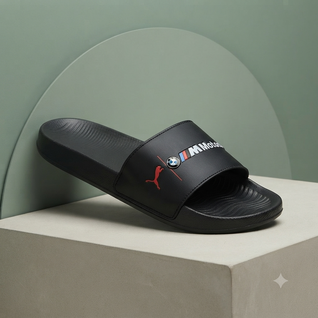 Men’s Premium Motorsport Style Black Slide Slippers – Cushioned Comfort & Anti-Slip Sole