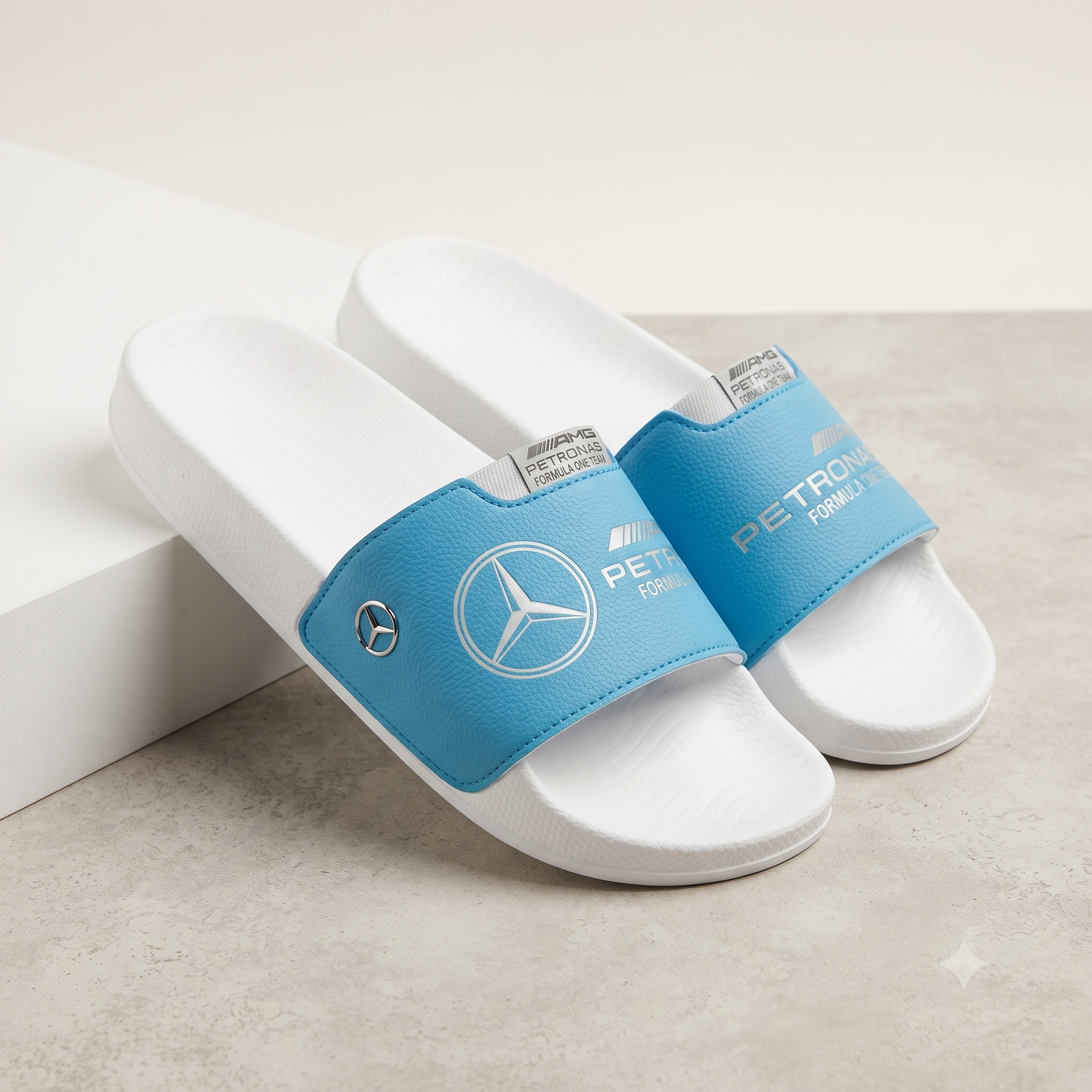 Premium F1 Motorsport Edition Comfort Sliders – White/Cyan