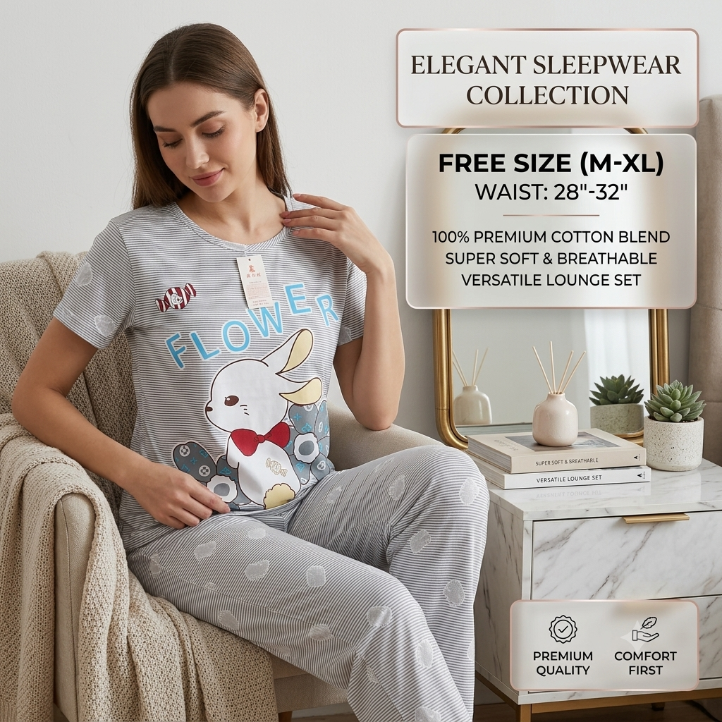 Women's Cute Bunny Print Cotton-Blend Nightwear Set – Round Neck T-Shirt & Pyjama Lounge Set