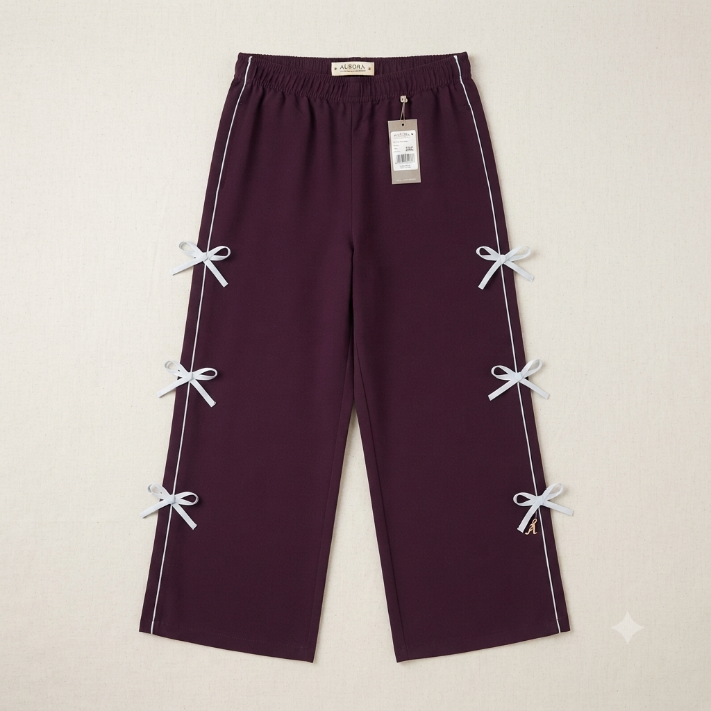 Trendy Bow Accent Wide-Leg Trousers for Women – Deep Wine