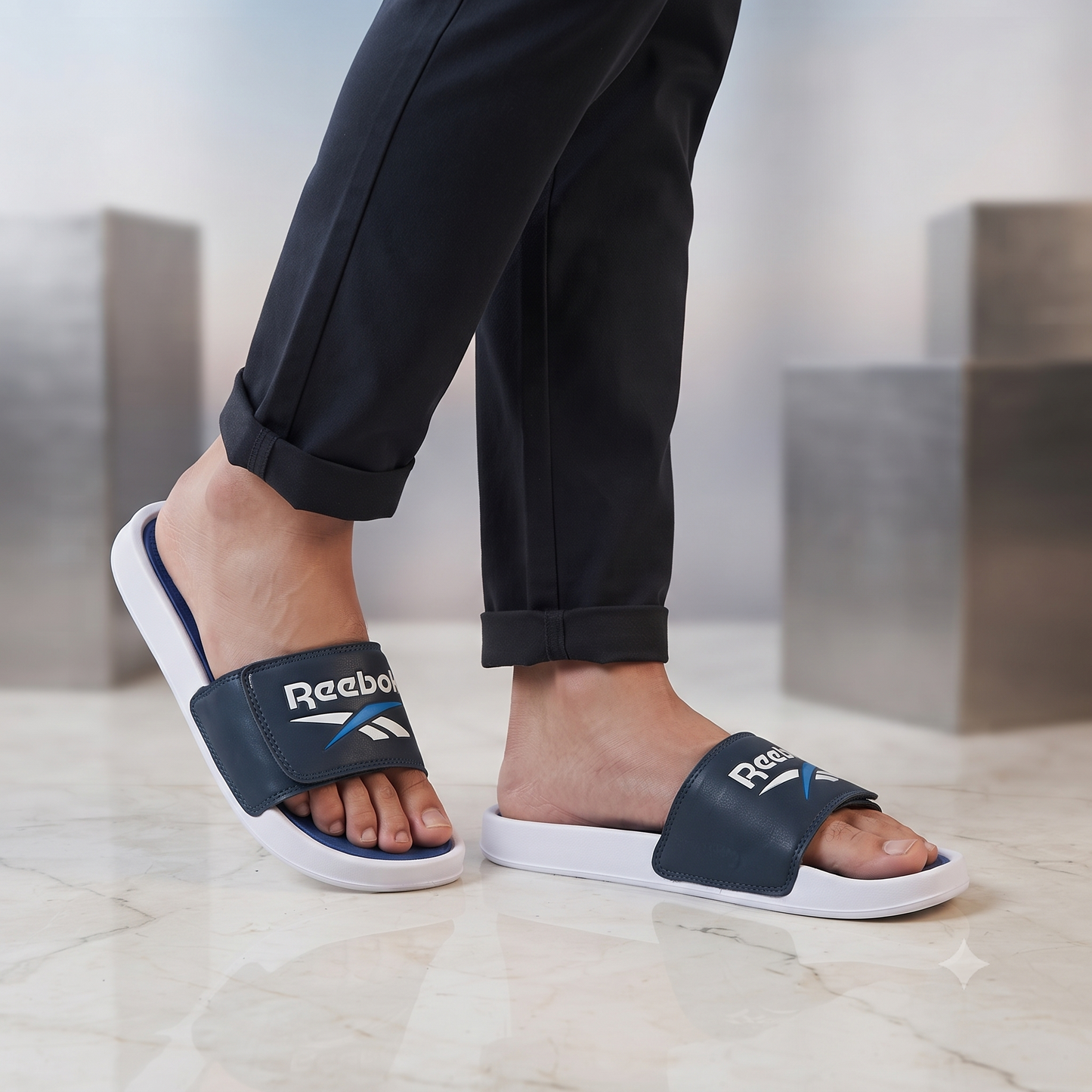 Men’s Premium Sports Slide Sandals – Stylish Blue & White Casual Slippers | Lightweight Comfort Footwear