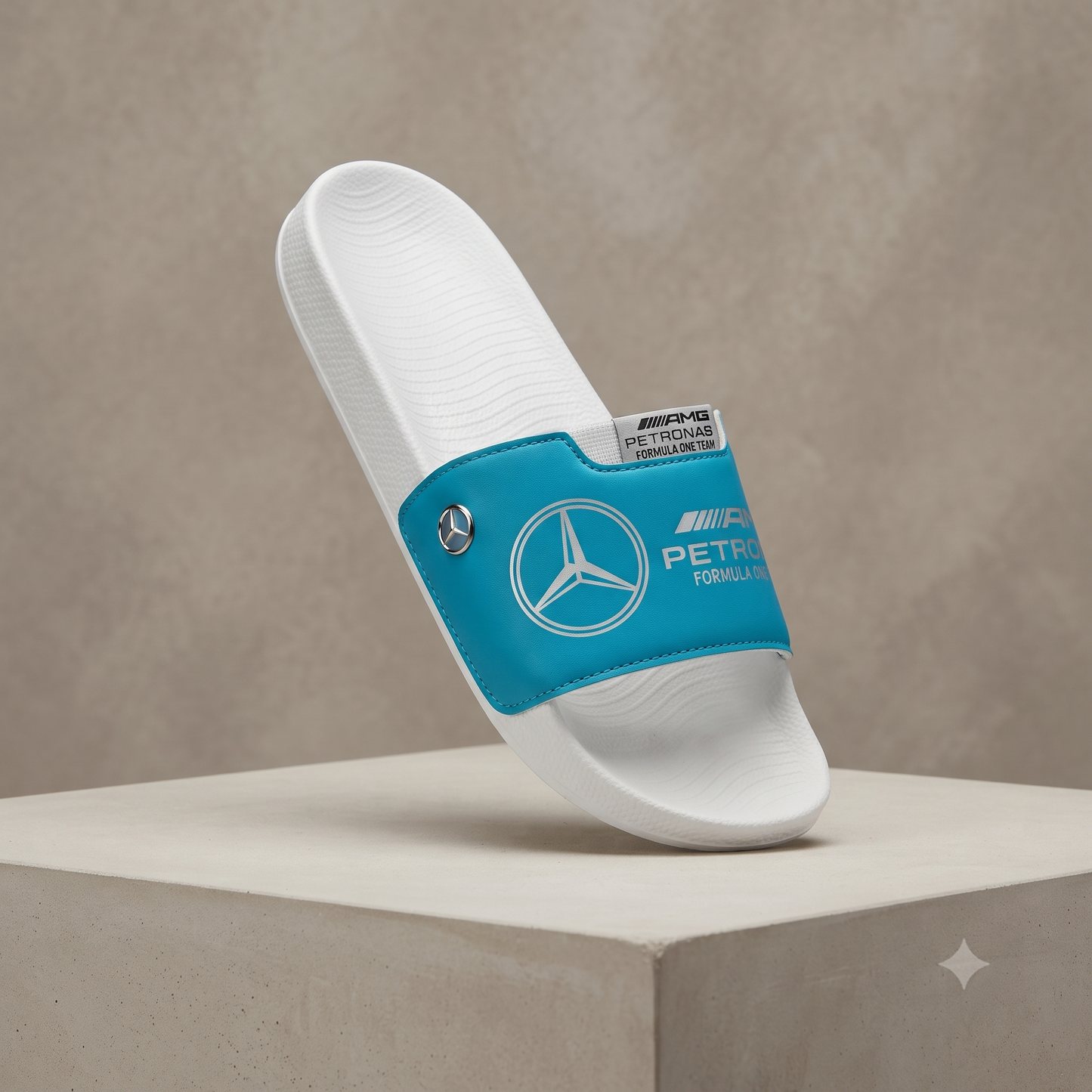 Premium F1 Motorsport Edition Comfort Sliders – White/Cyan