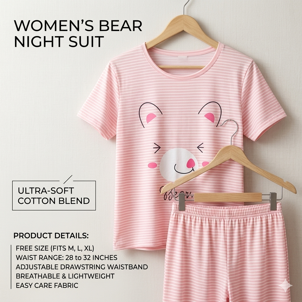 Women’s Soft Cotton Blend Cute Bear Striped Nightsuit Set – T-Shirt & Pyjama Lounge Wear
