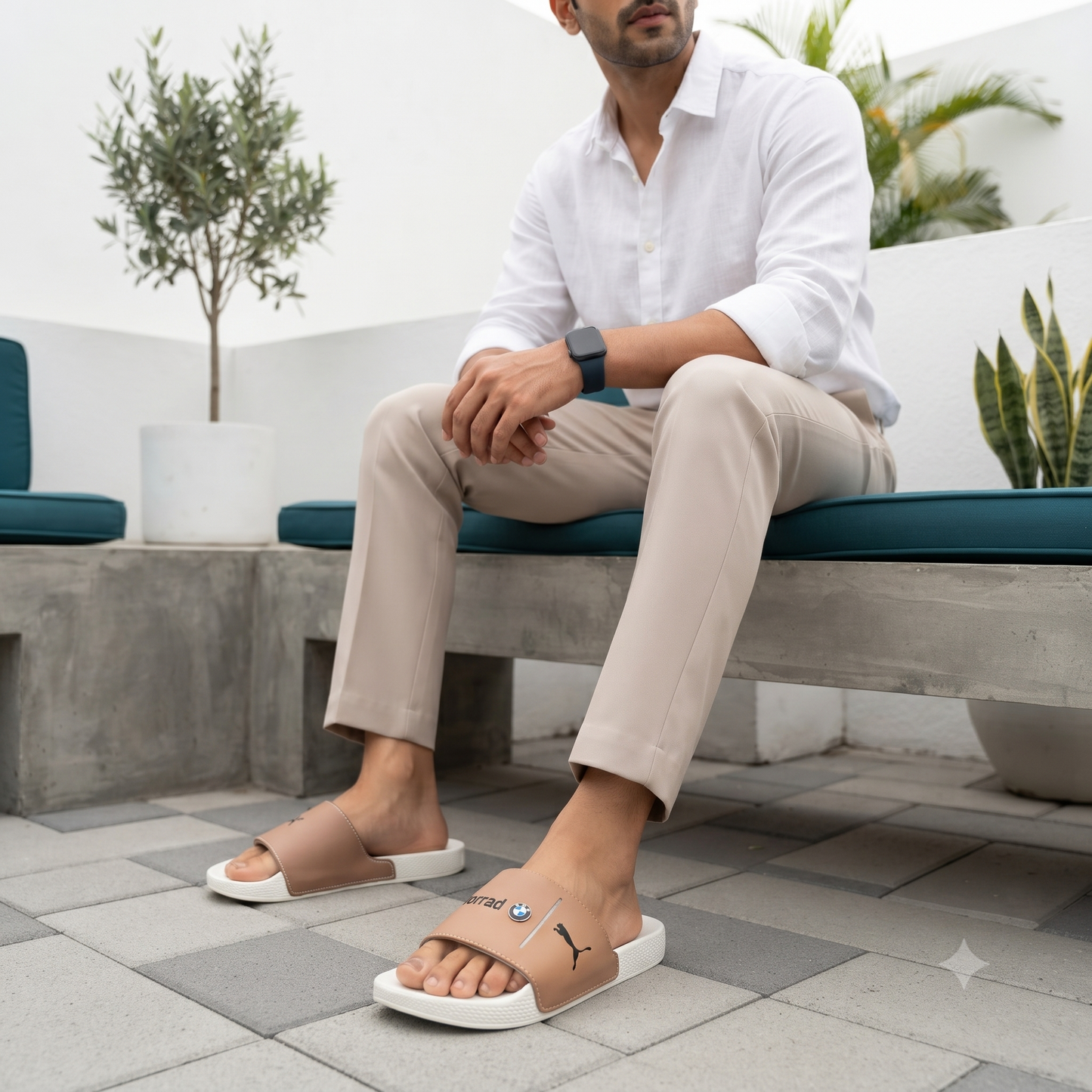 Premium White & Tan Motorsport-Inspired Casual Slides for Men | Stylish Everyday Slip-On Sandals