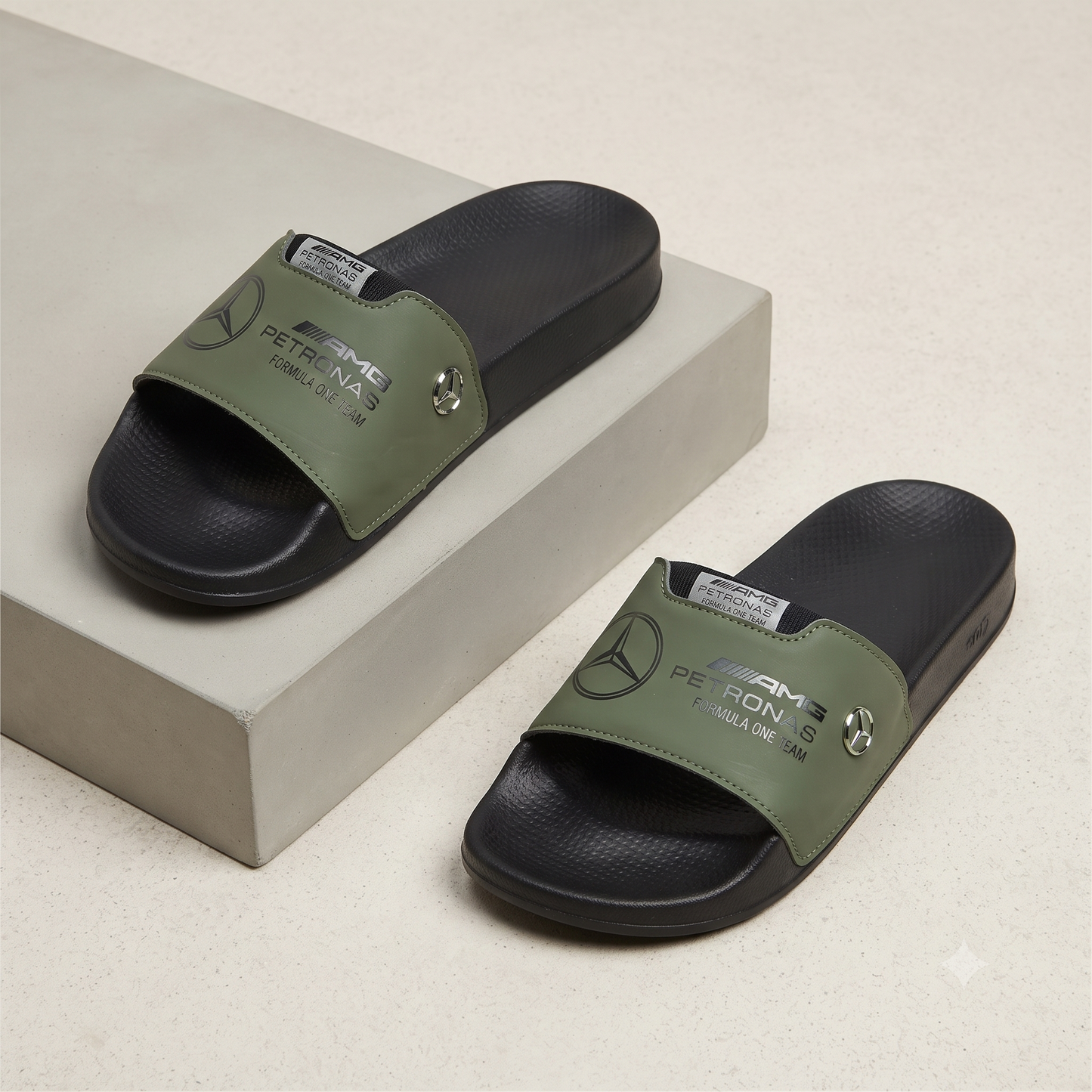 Mercedes-AMG Petronas F1 Team Motorsport Men's Comfort Slides / Slippers (Olive Green & Black)