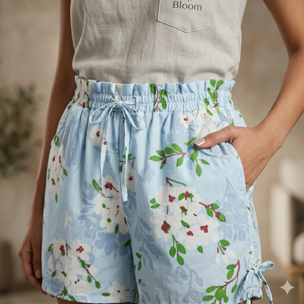 Azure Blossom Floral Print High-Rise Shorts with Side Tie Detail
