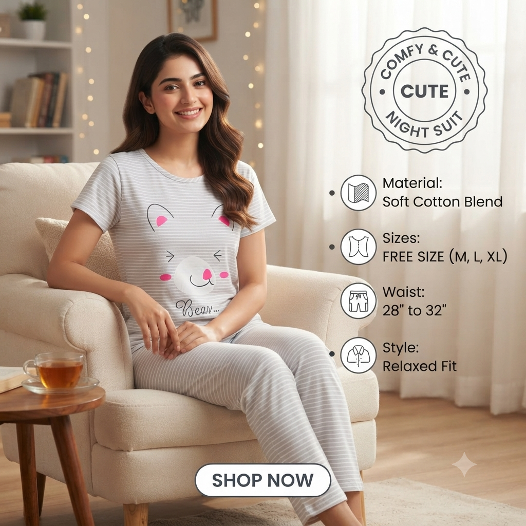Women’s Cozy Bear Print Cotton-Blend Nightsuit | Soft Striped T-Shirt & Pyjama Lounge Set