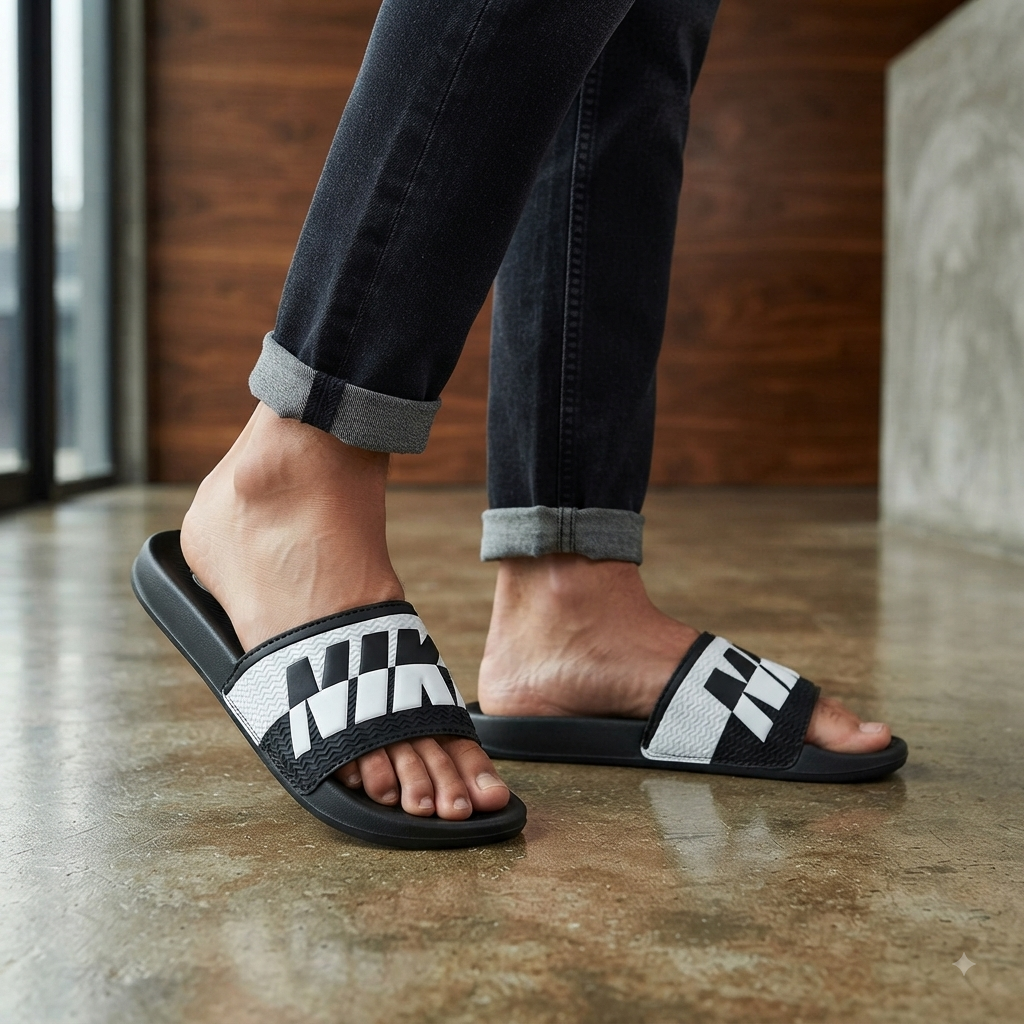 Men’s Black & White Bold Graphic Comfort Sliders – Stylish Casual Slip-On Sandals