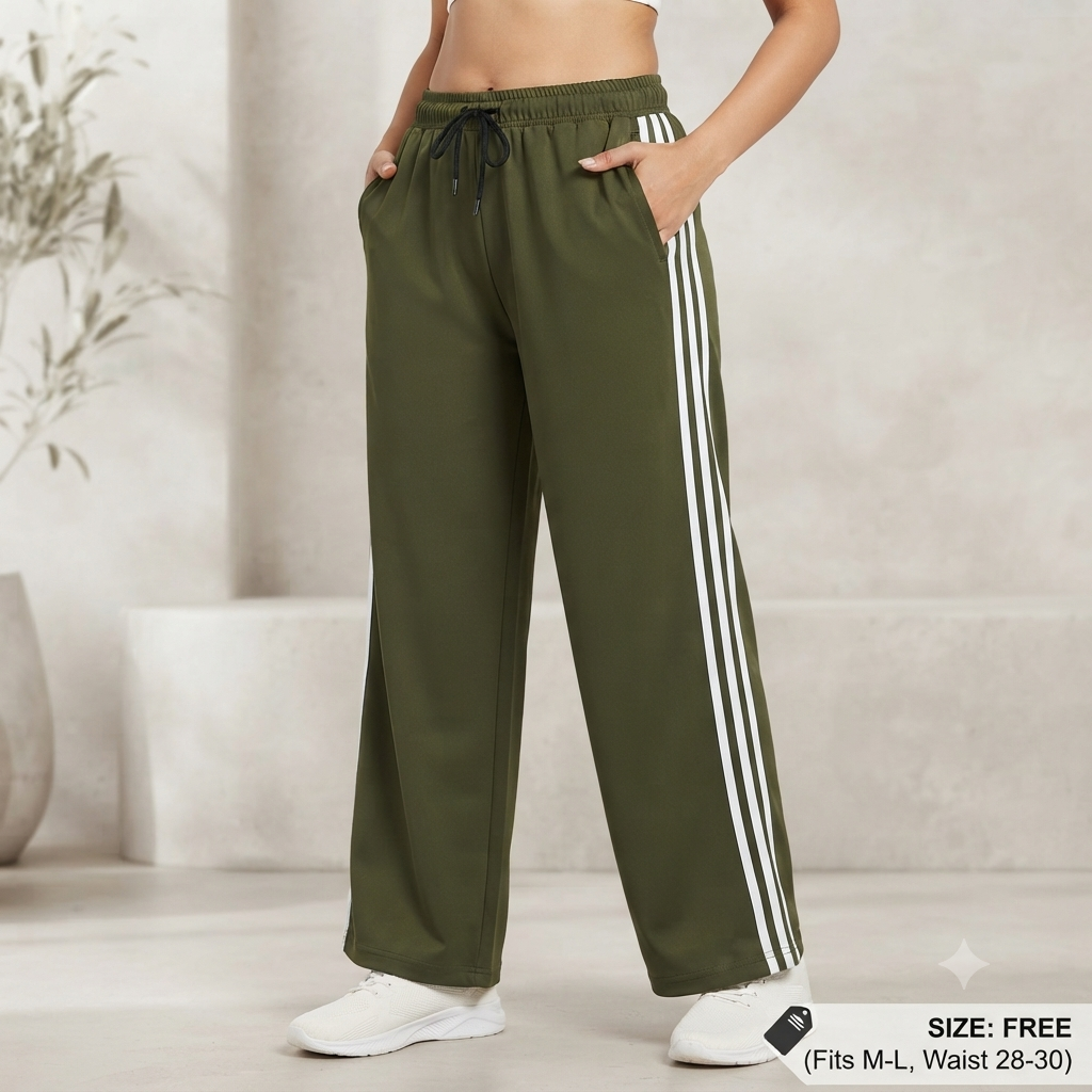 Women’s Olive Green Wide-Leg Track Pants with Side Stripe | High-Waist Casual Lower