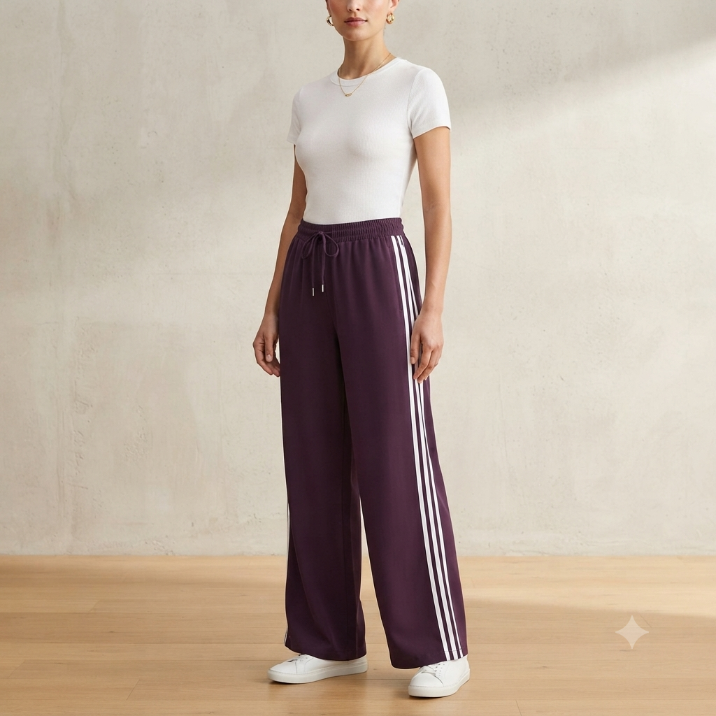 Women's Elastic Waist Wide Leg Track Pants - Deep Purple Athleisure Lower