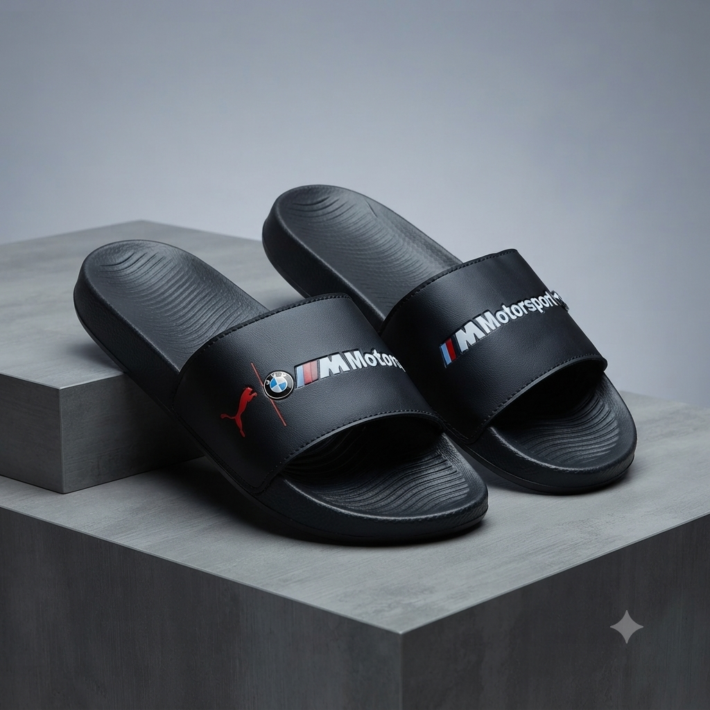 Men’s Premium Motorsport Style Black Slide Slippers – Cushioned Comfort & Anti-Slip Sole