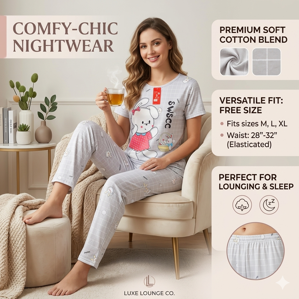 Ultra-Soft Cotton Blend Bunny Graphic Nightsuit for Women | Short Sleeve Top & Pajama Set