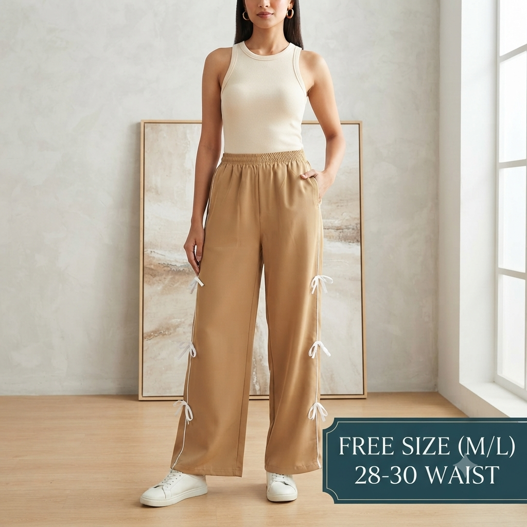 Women’s Elegant Beige Track Pants / Wide-Leg Trousers with Elastic Waist & Bow Trim