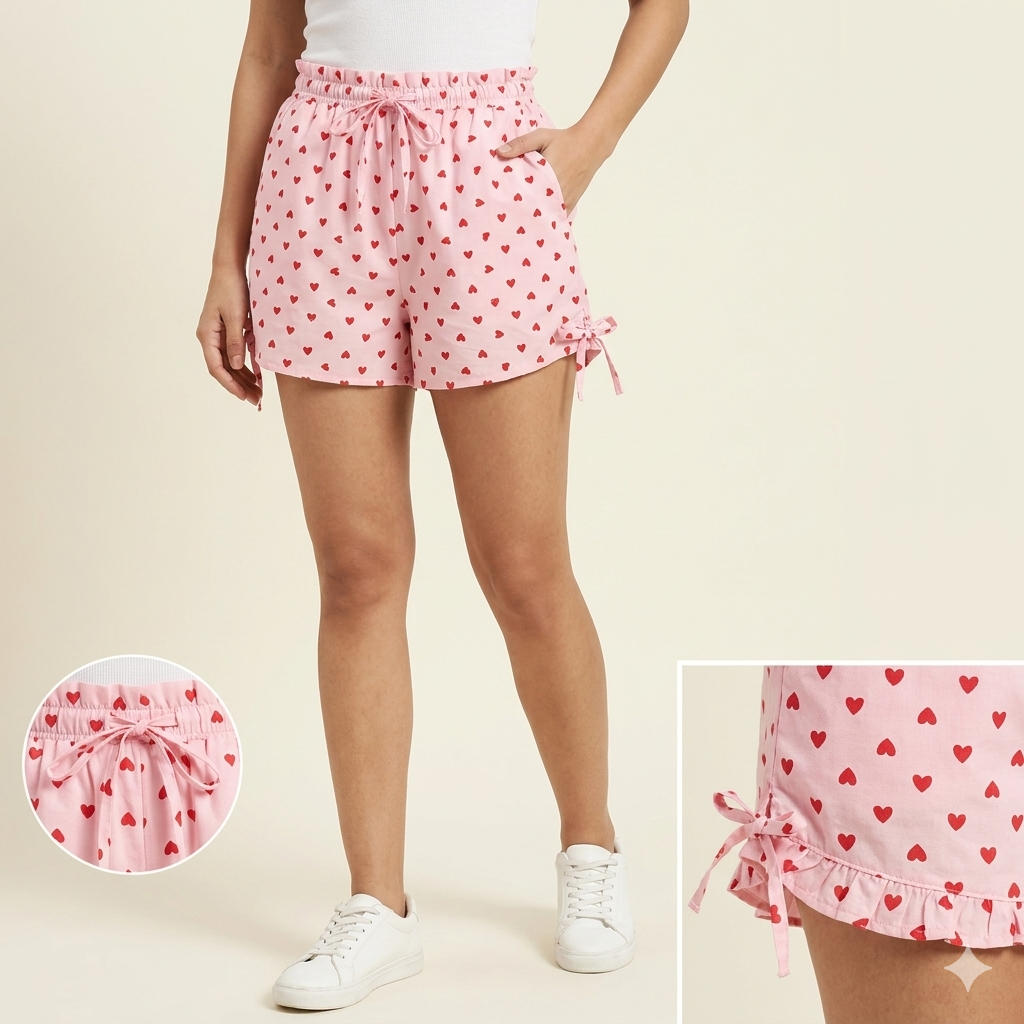 Blush Heart-Print Lounge Shorts with Side-Tie Detailing