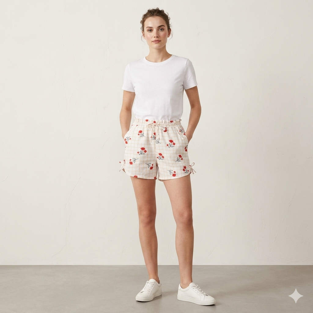 Mila Threads Women’s Floral Grid Paperbag Waist Shorts