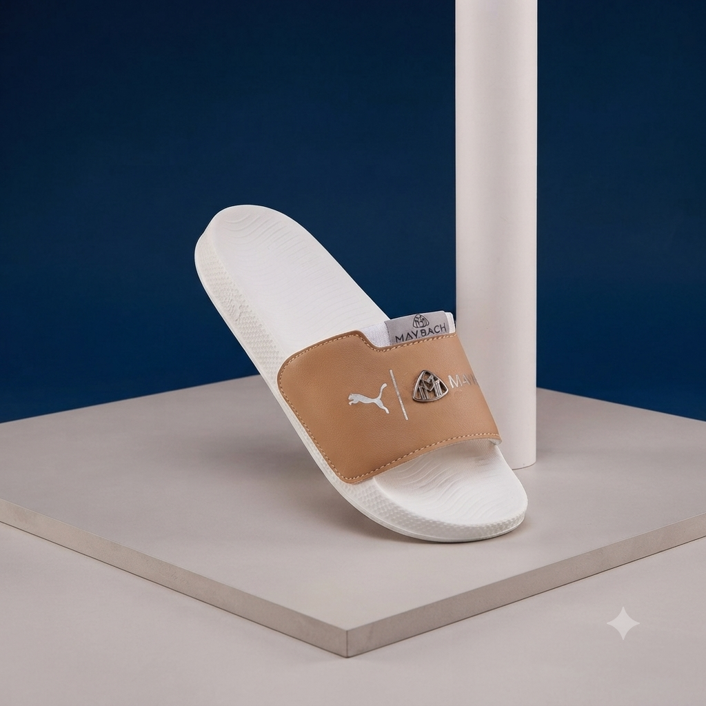 Premium Men’s Tan & White Comfort Slide Sandals – Stylish Everyday Slip-On
