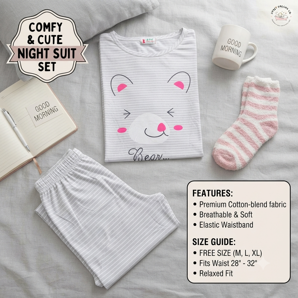 Women’s Cozy Bear Print Cotton-Blend Nightsuit | Soft Striped T-Shirt & Pyjama Lounge Set