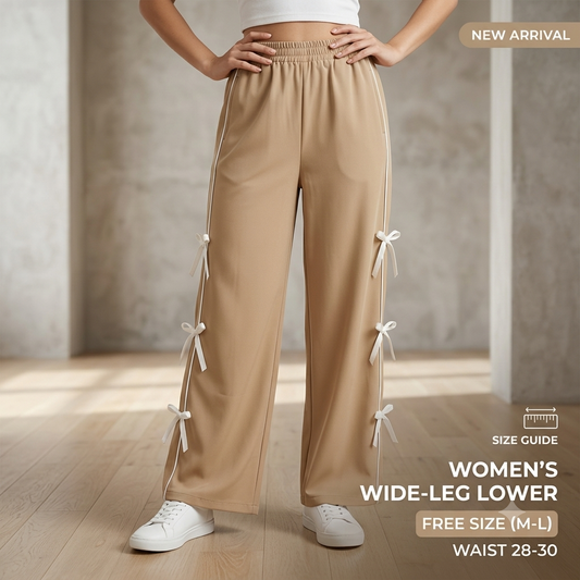 Women’s Elegant Beige Track Pants / Wide-Leg Trousers with Elastic Waist & Bow Trim