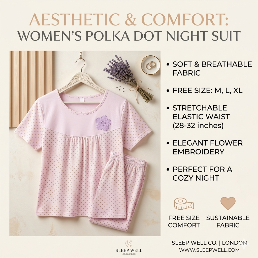 Soft Floral Accent Polka Print Loungewear Set for Women – Breathable Cotton Nightsuit
