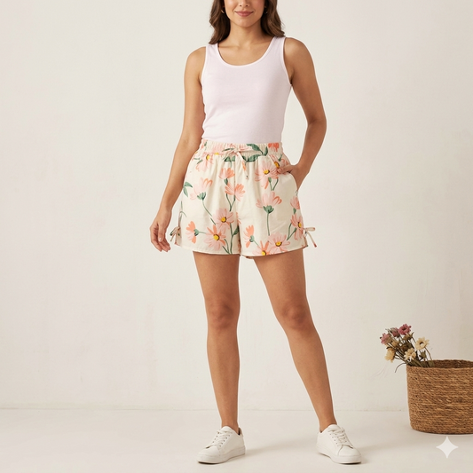 Blossom Floral Drawstring Summer Shorts – Cream & Peach Side-Tie Shorts