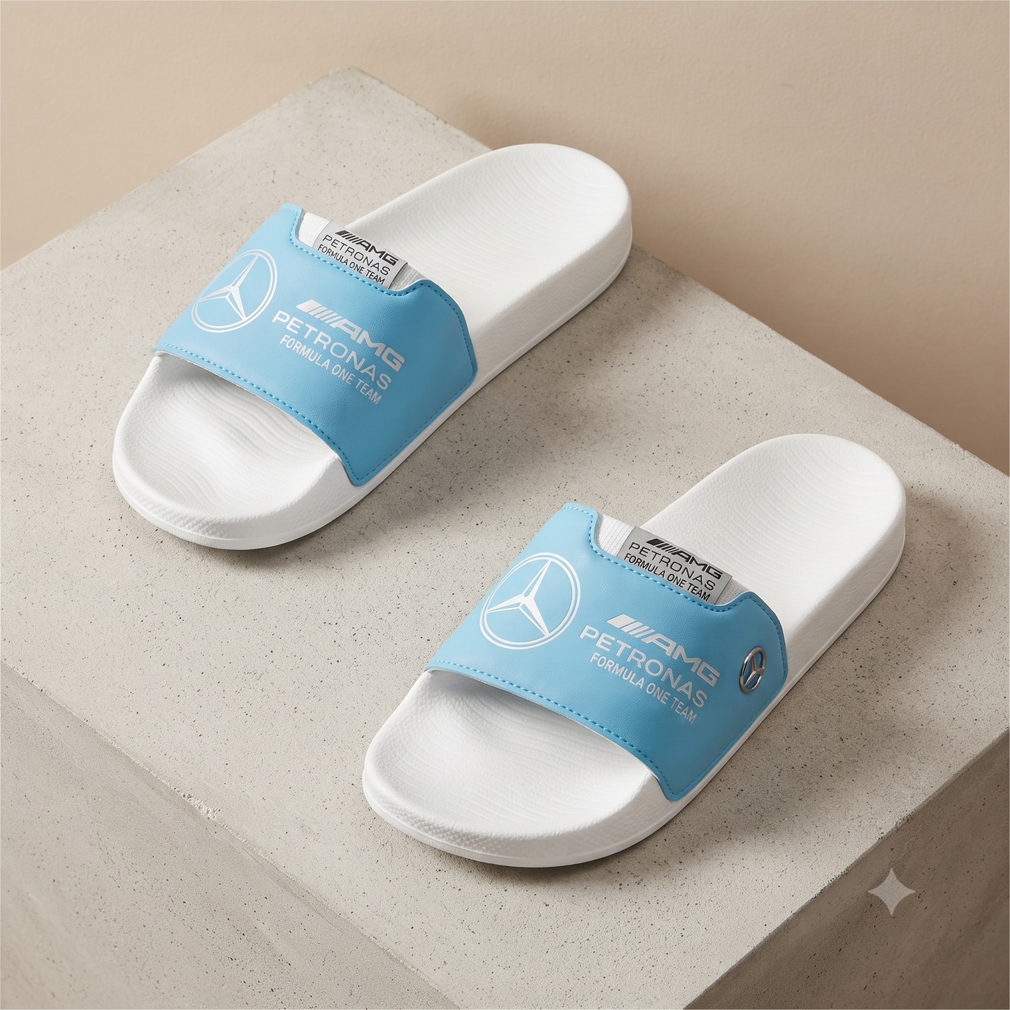Premium F1 Motorsport Edition Comfort Sliders – White/Cyan